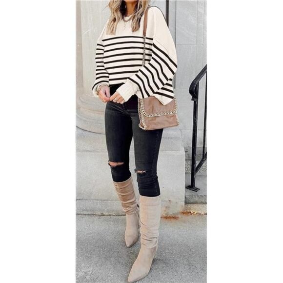Women's Fall Casual Long Sleeve Crew Neck Sweater – Oversized Ribbed Knit - Picture 6 of 7